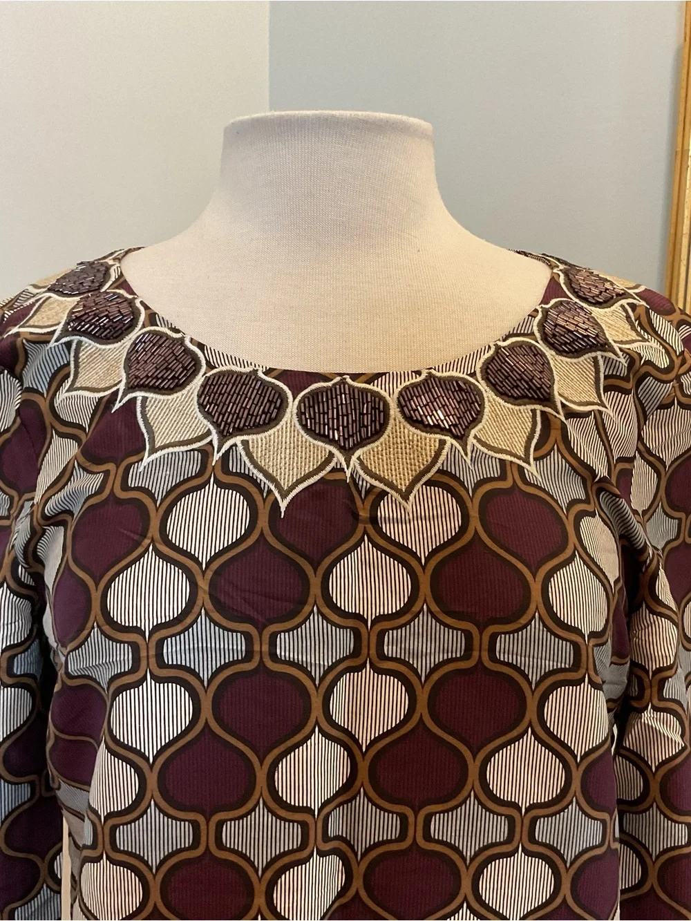 Tory Burch Silk Geometric Shift Dress Beaded Neckline Size 8